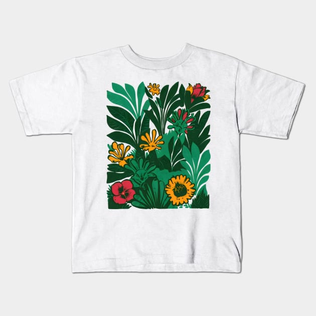 Green plant pattern with flowers Kids T-Shirt by craftydesigns